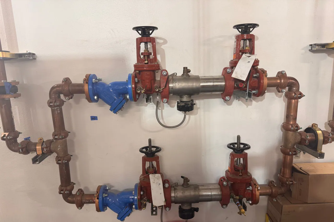 Two parallel backflow prevention assemblies with red gate valves and blue strainers on copper piping, mounted on a white wall